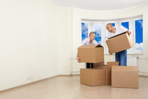 Stacked removal boxes arranged for a flat or house move in Epsom
